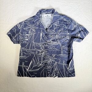 ERIN LONDON Womens Navy Sailboat Palm Tree Print Button Up Shirt Top 100% Cotton
